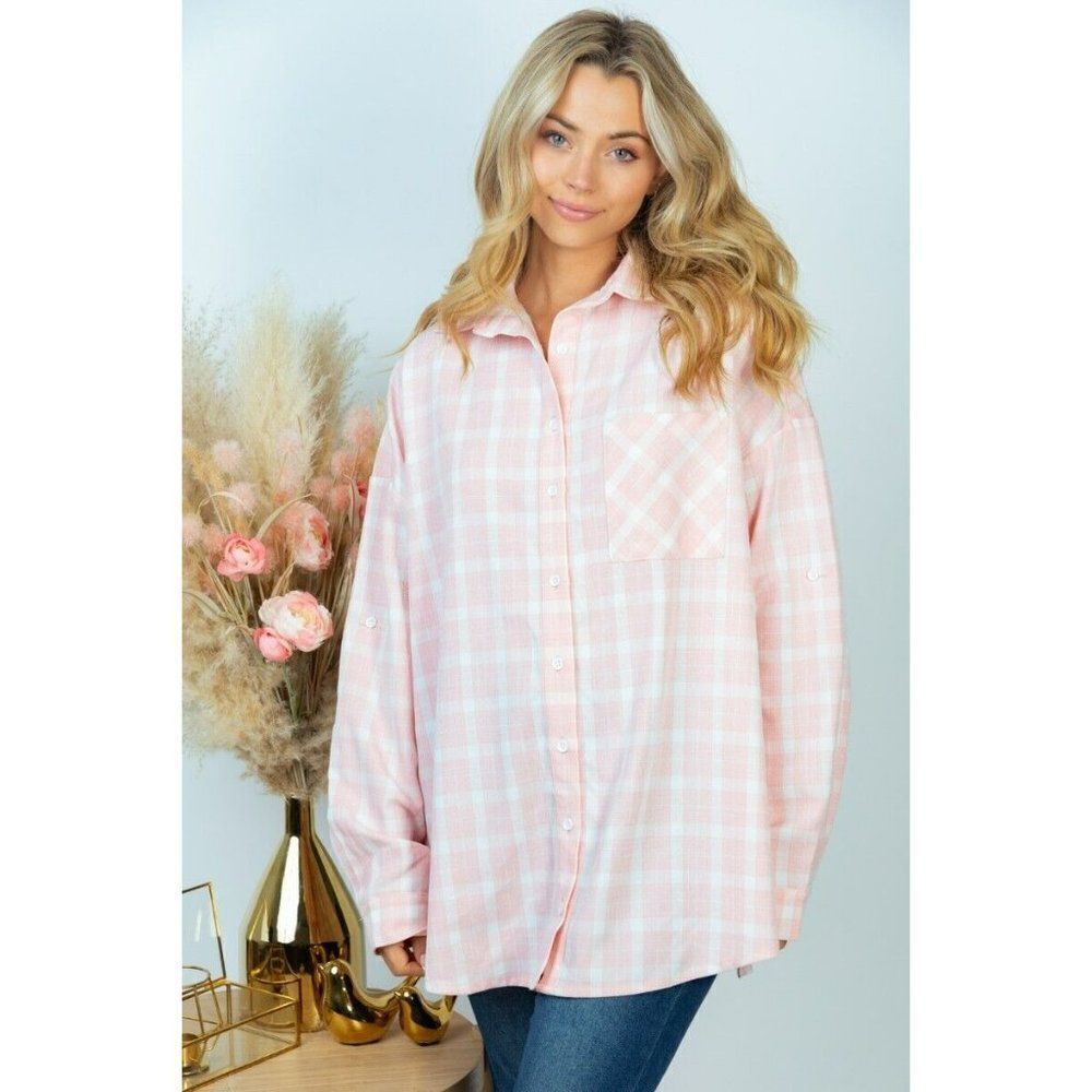SALE! WHITE BIRCH Clothing Pink and White Plaid Shacket Button up Shirt T23663X